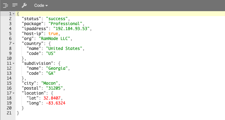 Example VPN Blocker API JSON response for a Professional package lookup
